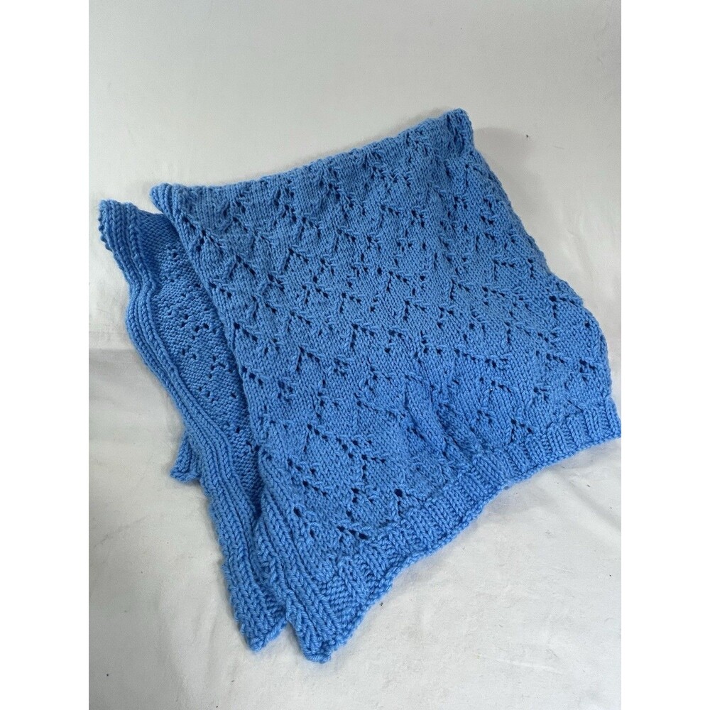 Vintage Handmade Crochet Baby Blanke Blue Throw Crib Afghan Cable Knit 41 x 41